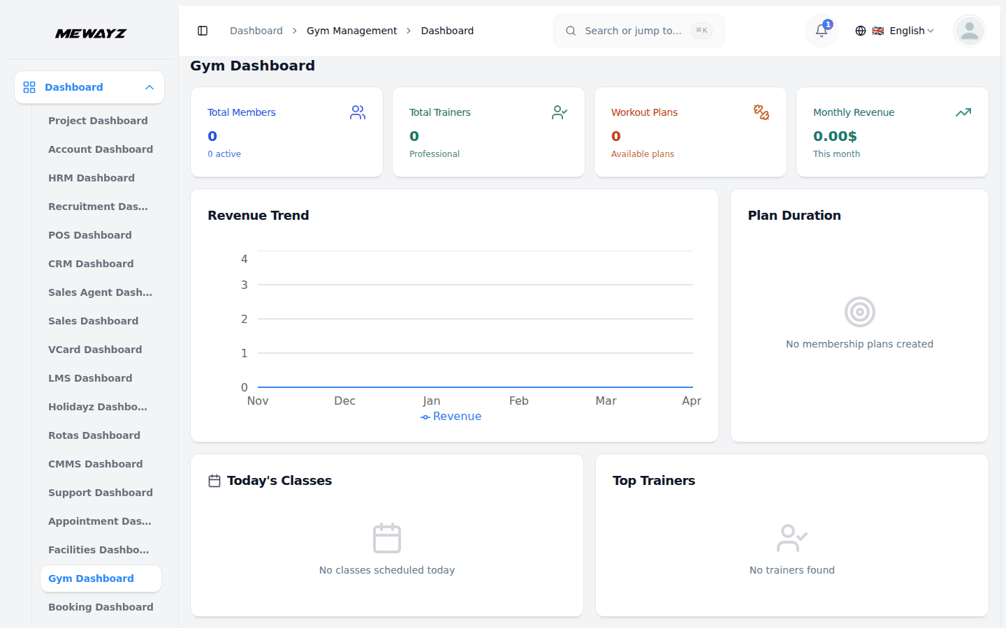 Mewayz gym management dashboard — members, classes, and bookings