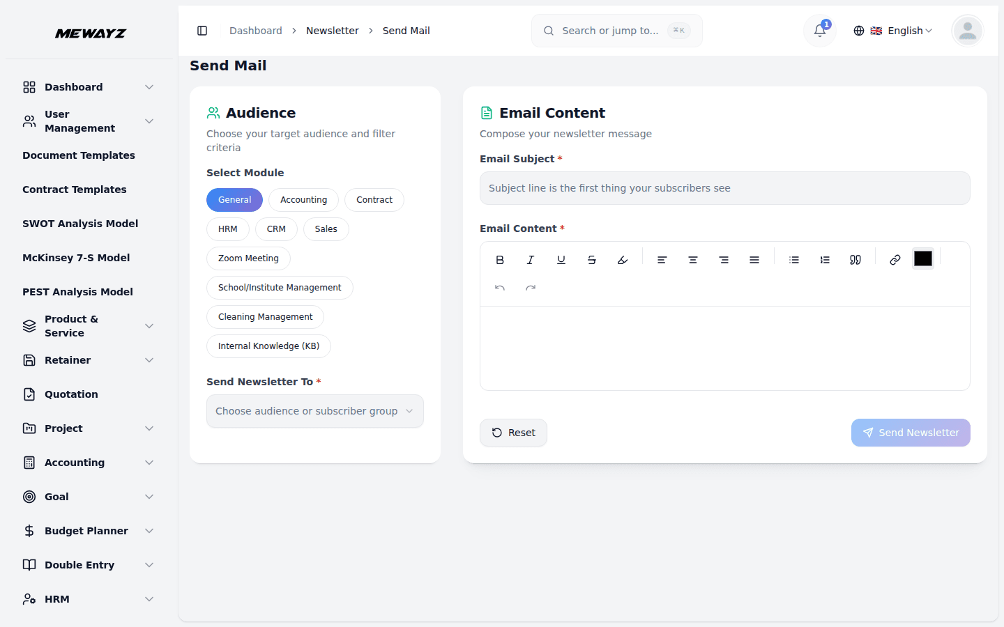 Mewayz newsletter — send campaigns to CRM contacts