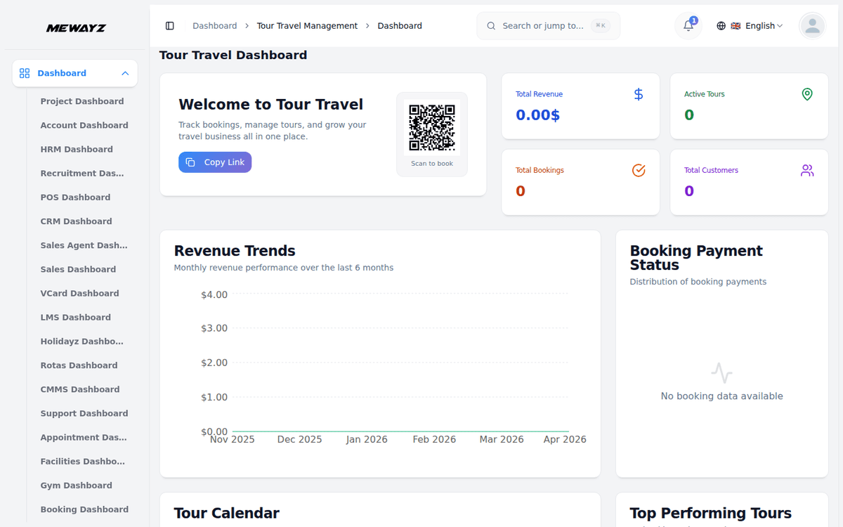 Mewayz Tour dashboard for tour & travel