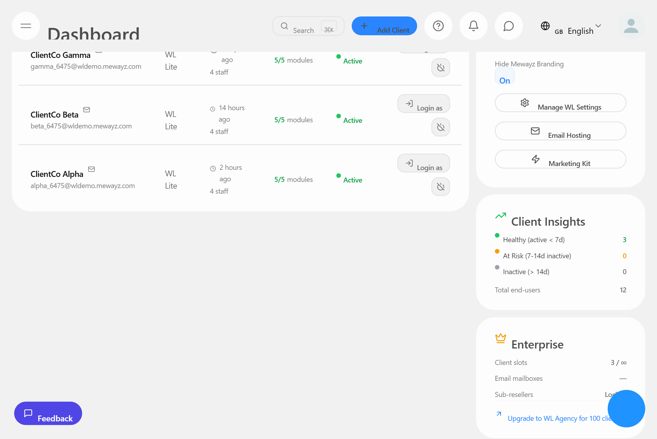 Gestão de clientes - Mewayz White Label