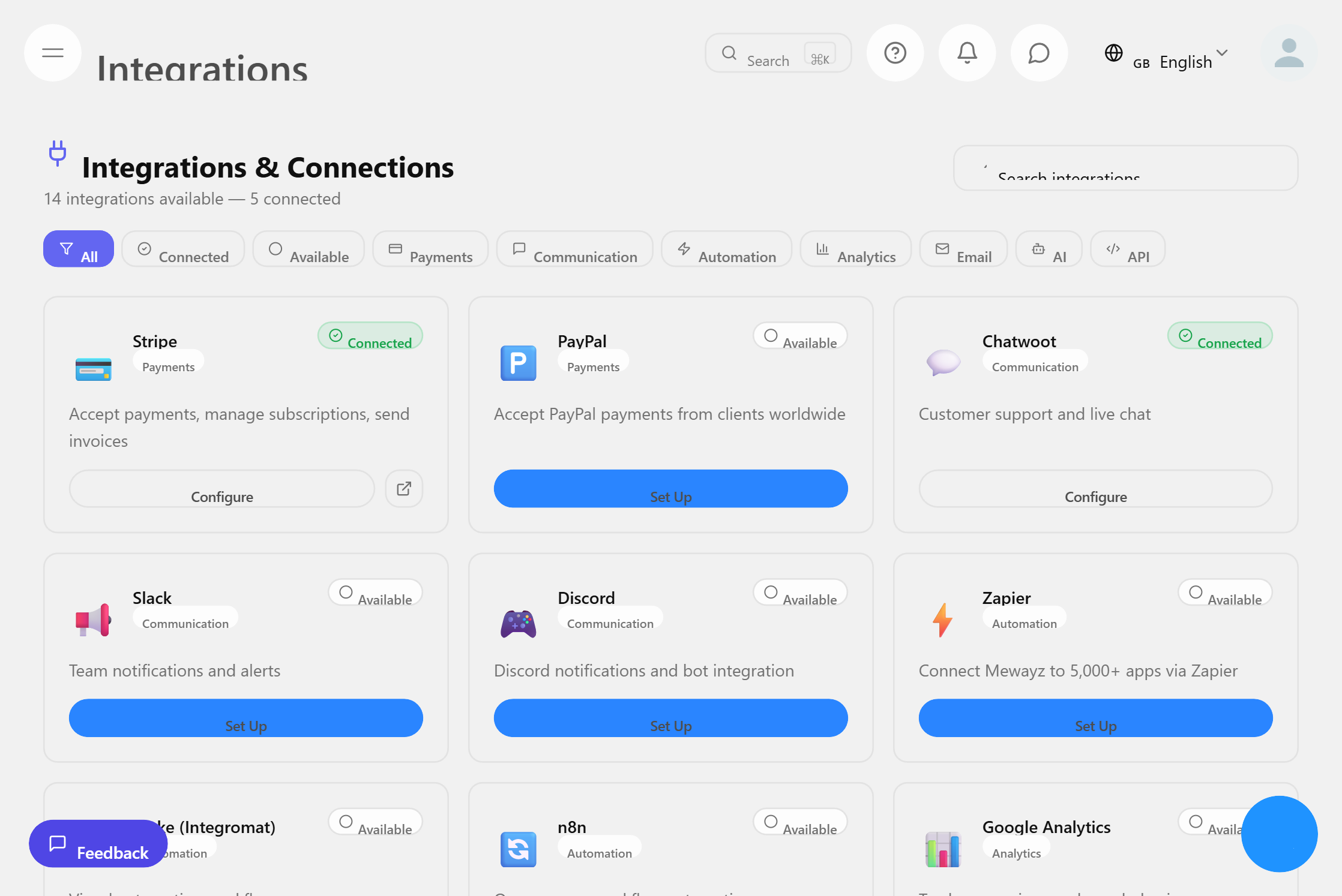 Mewayz integrations page — connect your favorite tools and APIs