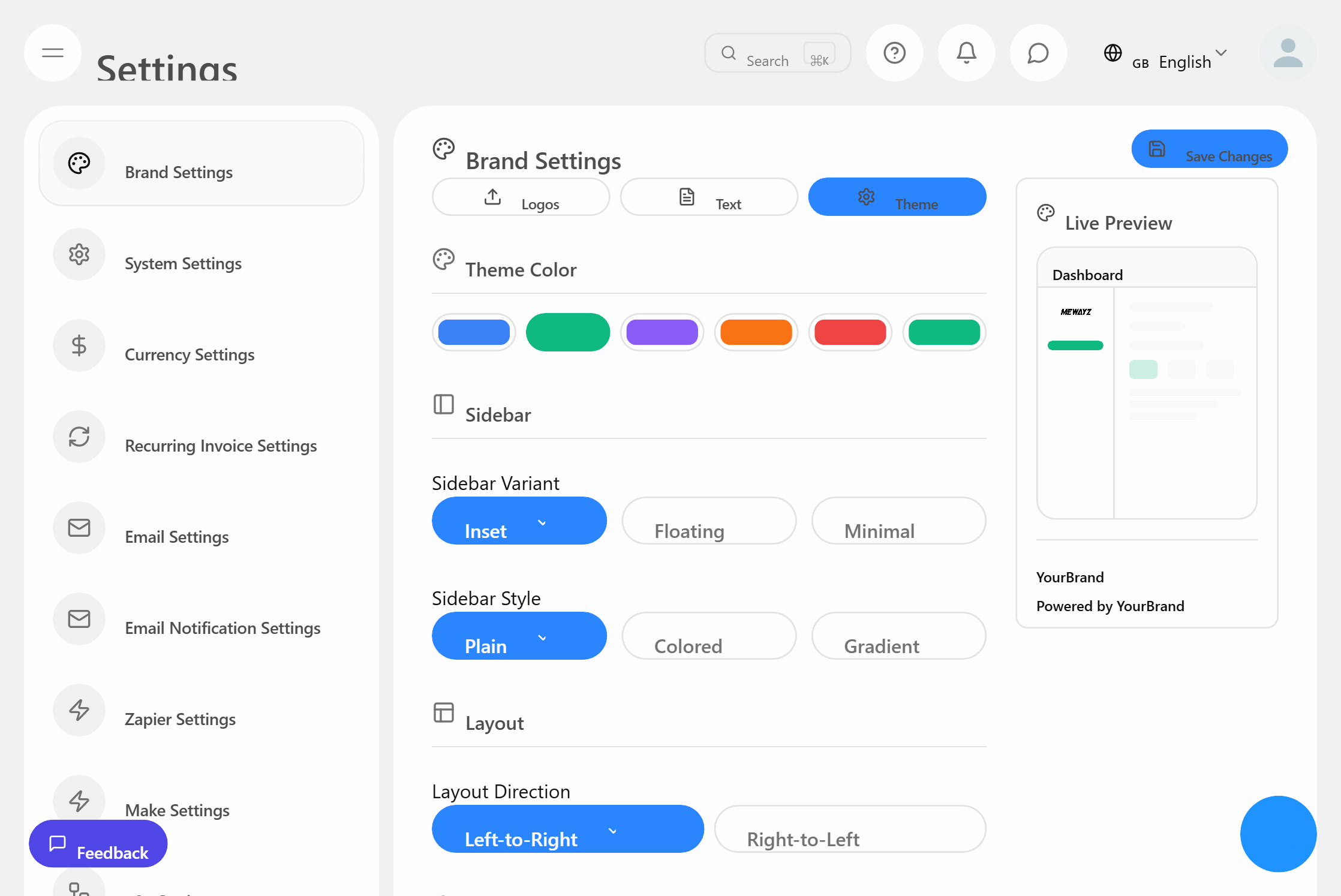 Tema da Marca - Mewayz White Label