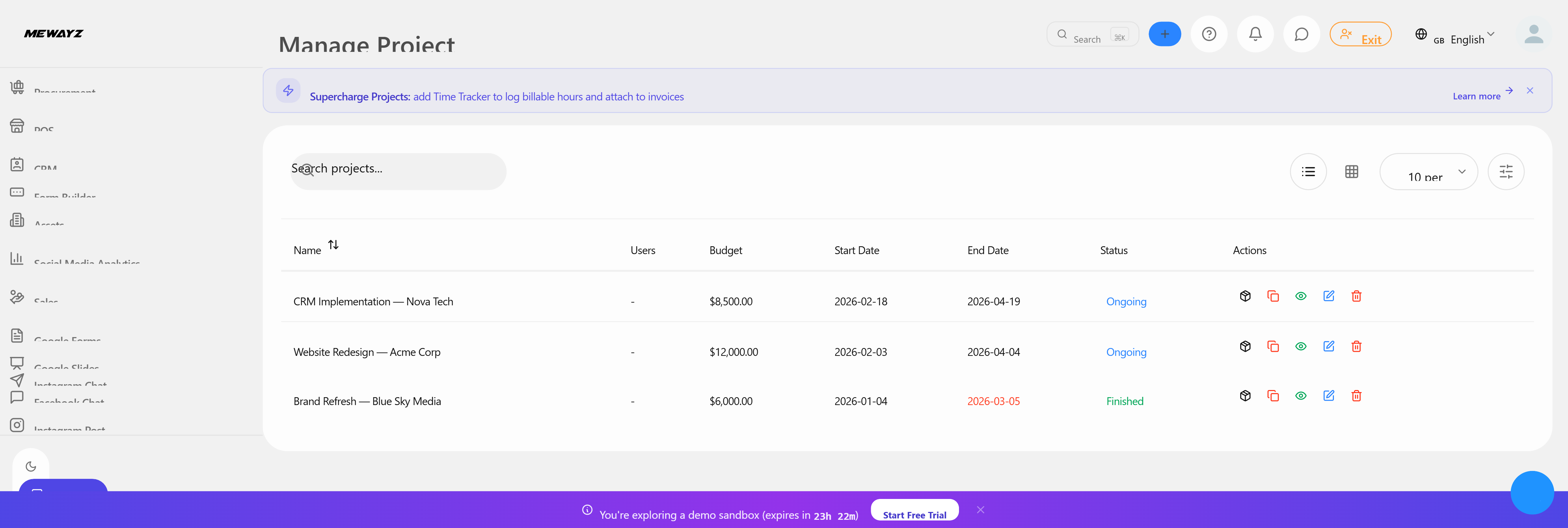 Mewayz project management dashboard — tasks, milestones, and 130+ business modules